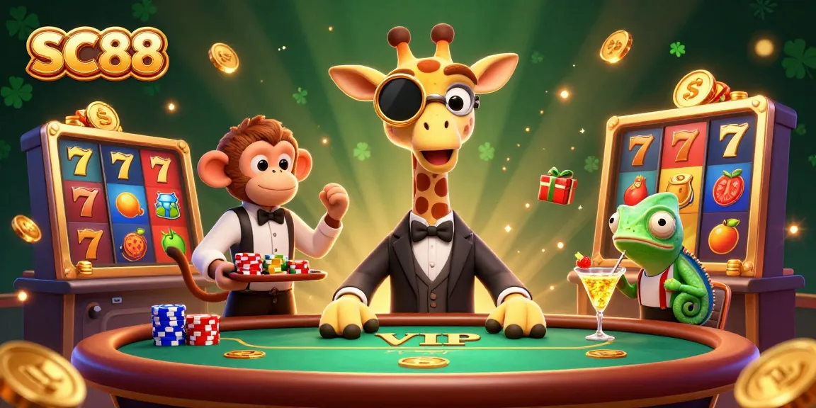 Engage with SC88's exciting jackpots and slot reels as you explore a vibrant casino scene.