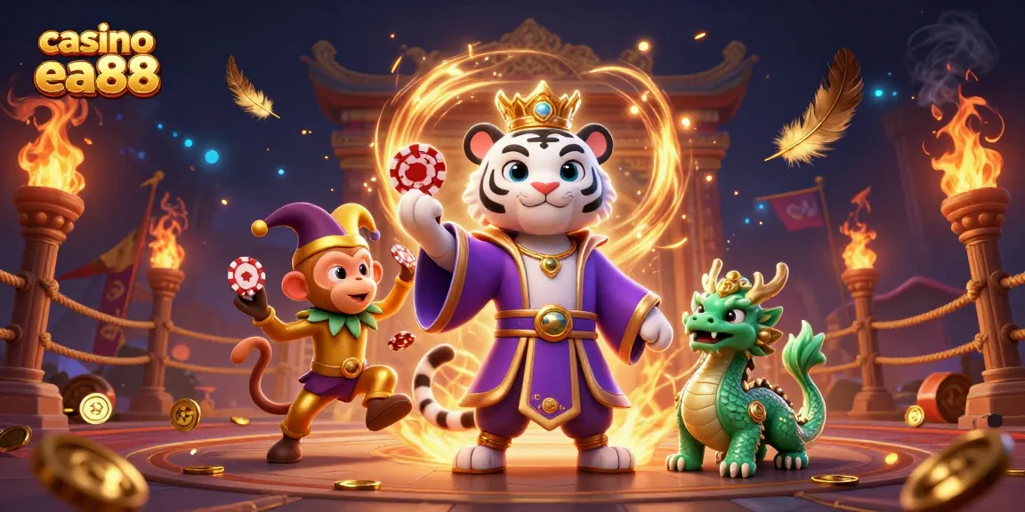 Experience excitement at casino ea88 with a vibrant 3D illustration of characters amidst gambling elements.