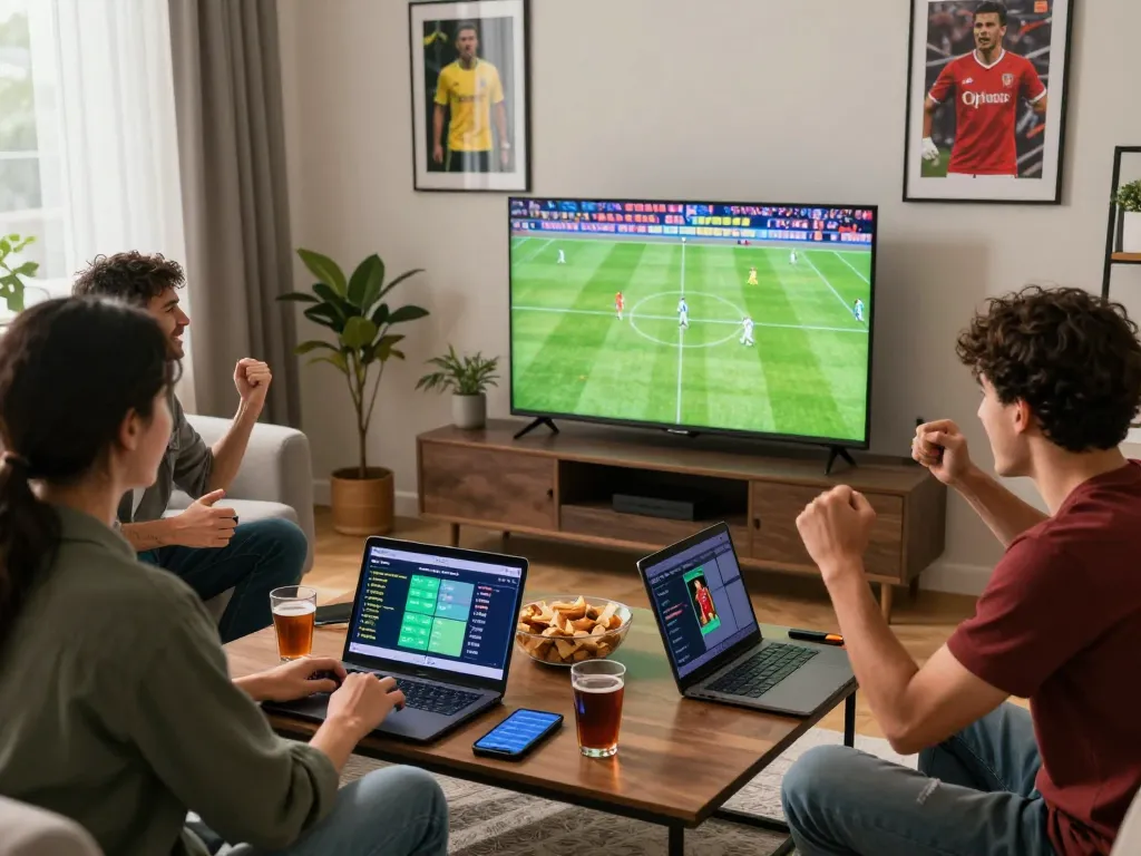 Friends enjoying kèo nhà cái bets while watching a football match live.