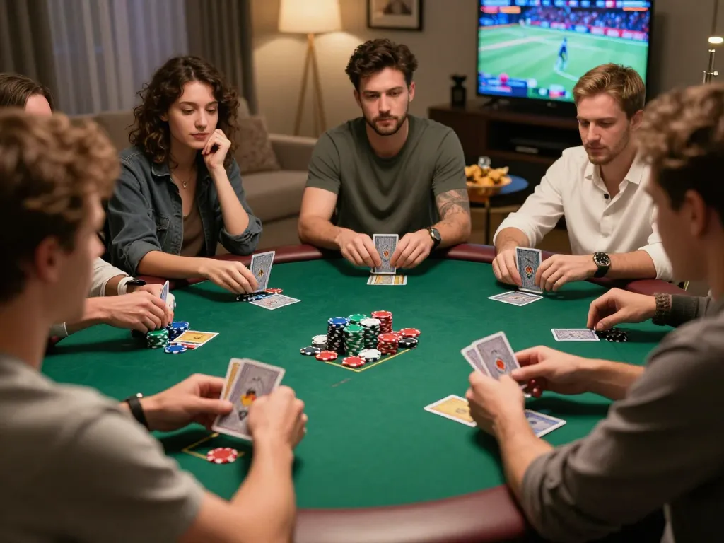 Friends competing in a lively poker game night at home, showcasing the excitement of alo 8 gambling.