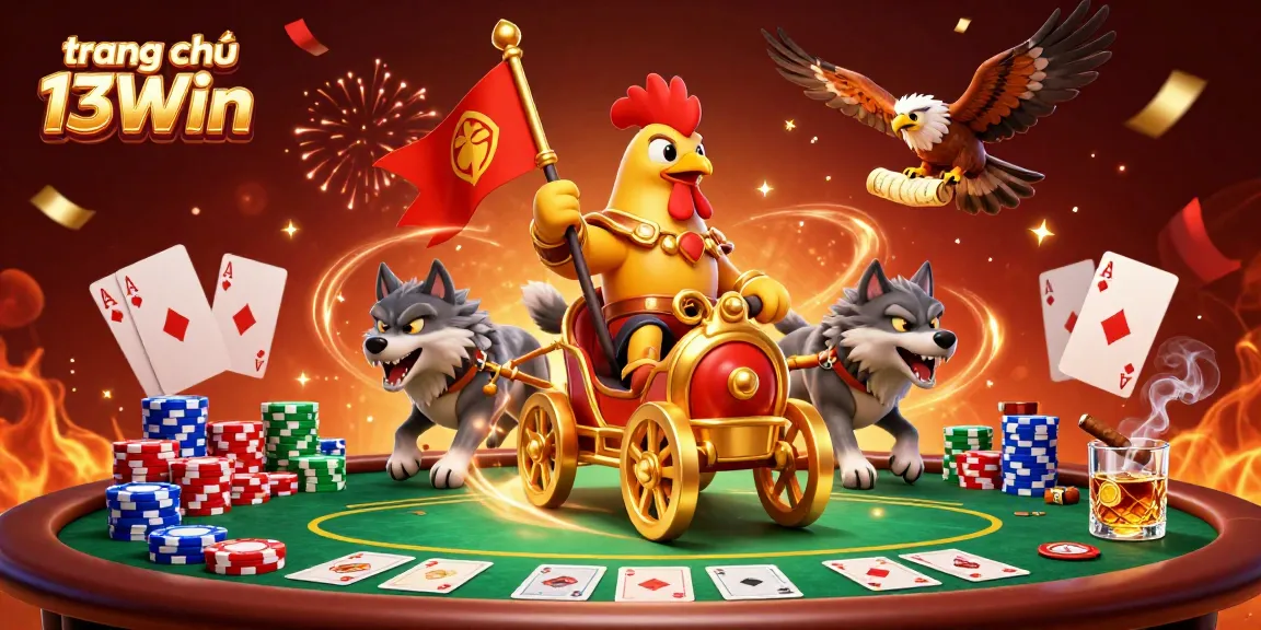 Engage with thrilling games at trang chủ 13Win, featuring vibrant 3D cartoon imagery of a rooster warlord in a dynamic casino scene.
