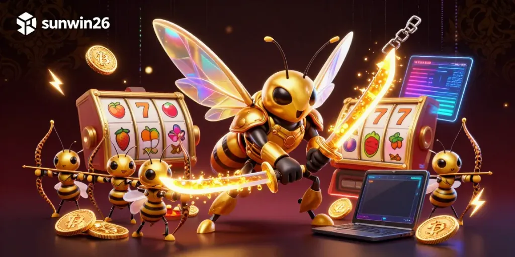 Engage in thrilling gameplay with sunwin26's vibrant 3D illustration featuring a golden hornet in samurai armor and exciting gaming elements.