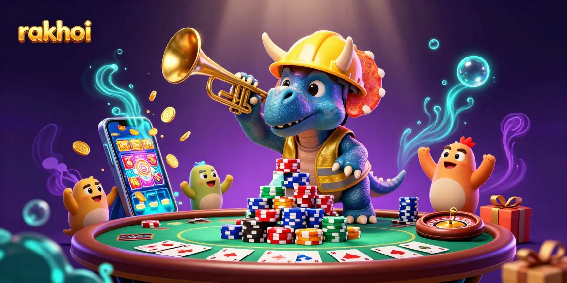 Cheering for rakhoi gaming, cartoon characters celebrate while playing cards and winning casino games.