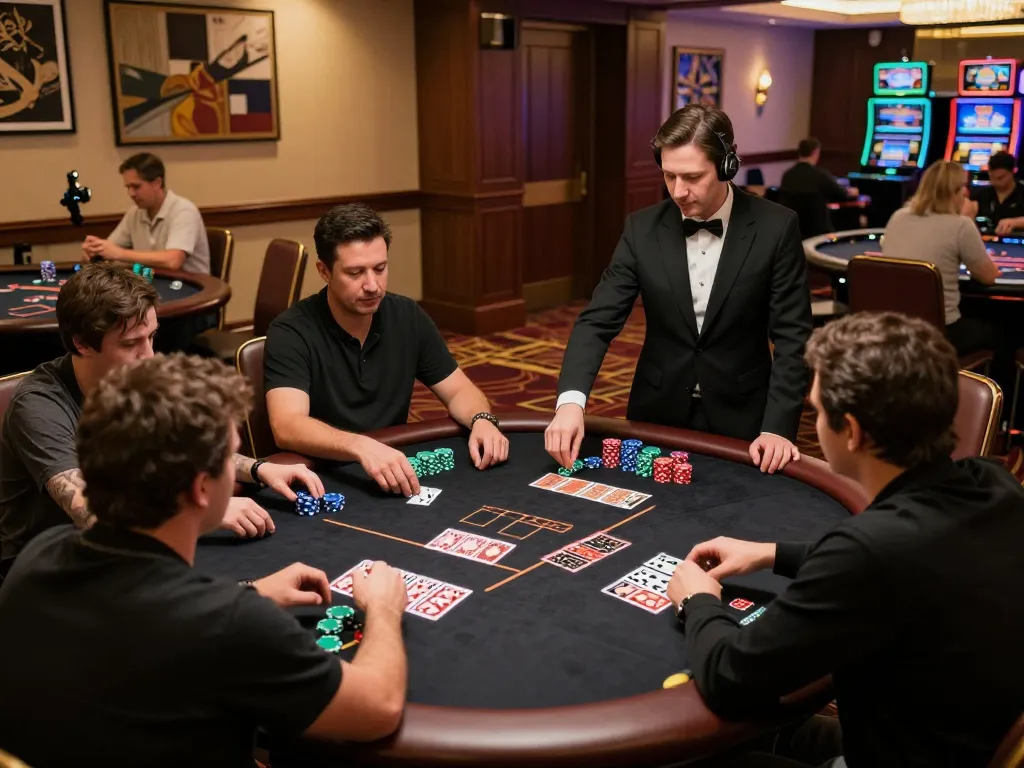 Players strategizing at a blackjack table in an upscale casino for ok 365 gaming experience
