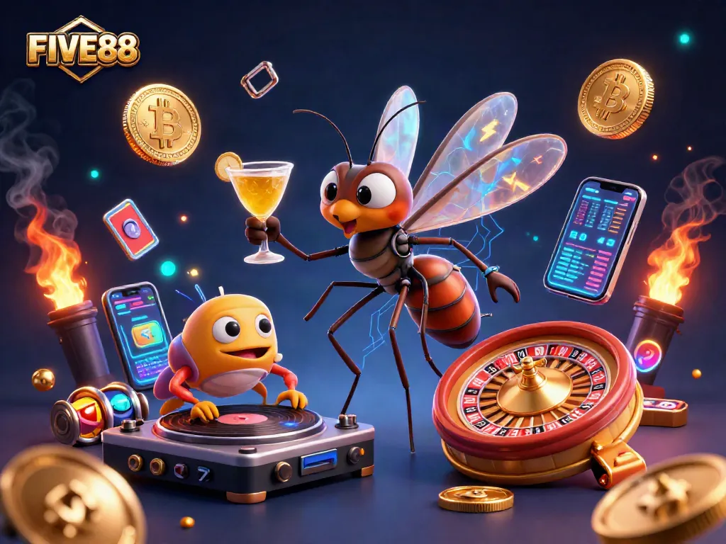 Engage with FIVE88's vibrant gaming world, featuring a lively scene with casino characters and elements.
