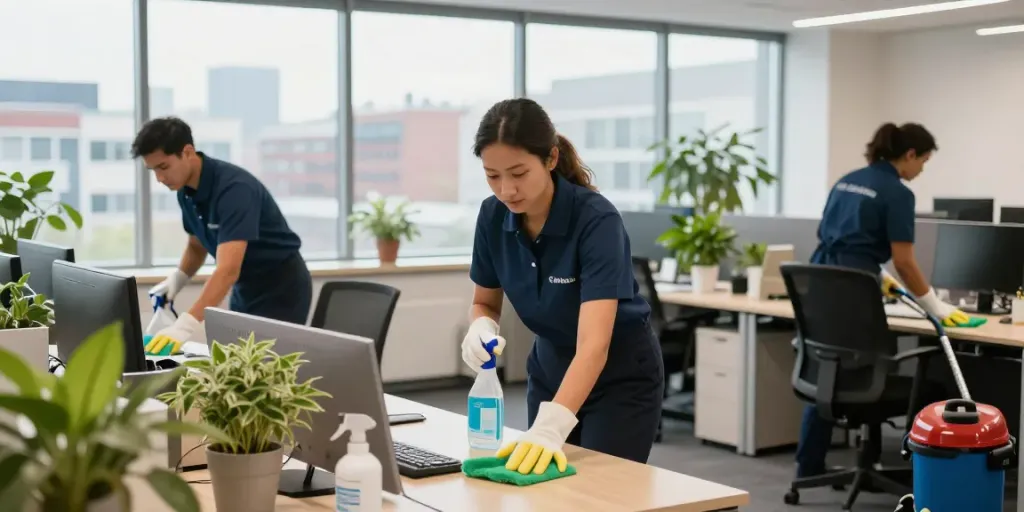 Kantoor schoonmaak Amsterdam door professionele schoonmakers in een moderne kantooromgeving, met eco-vriendelijke schoonmaakmiddelen.