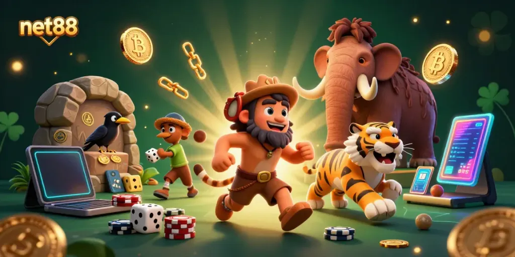 Experience thrilling gameplay at net88 with caveman and sabertooth duo in a vibrant prehistoric casino scene.