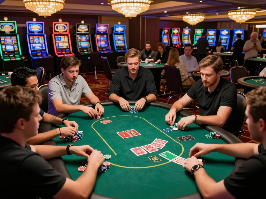 FABET players engaging in a strategic poker game at a dynamic casino table, showcasing chips and cards.