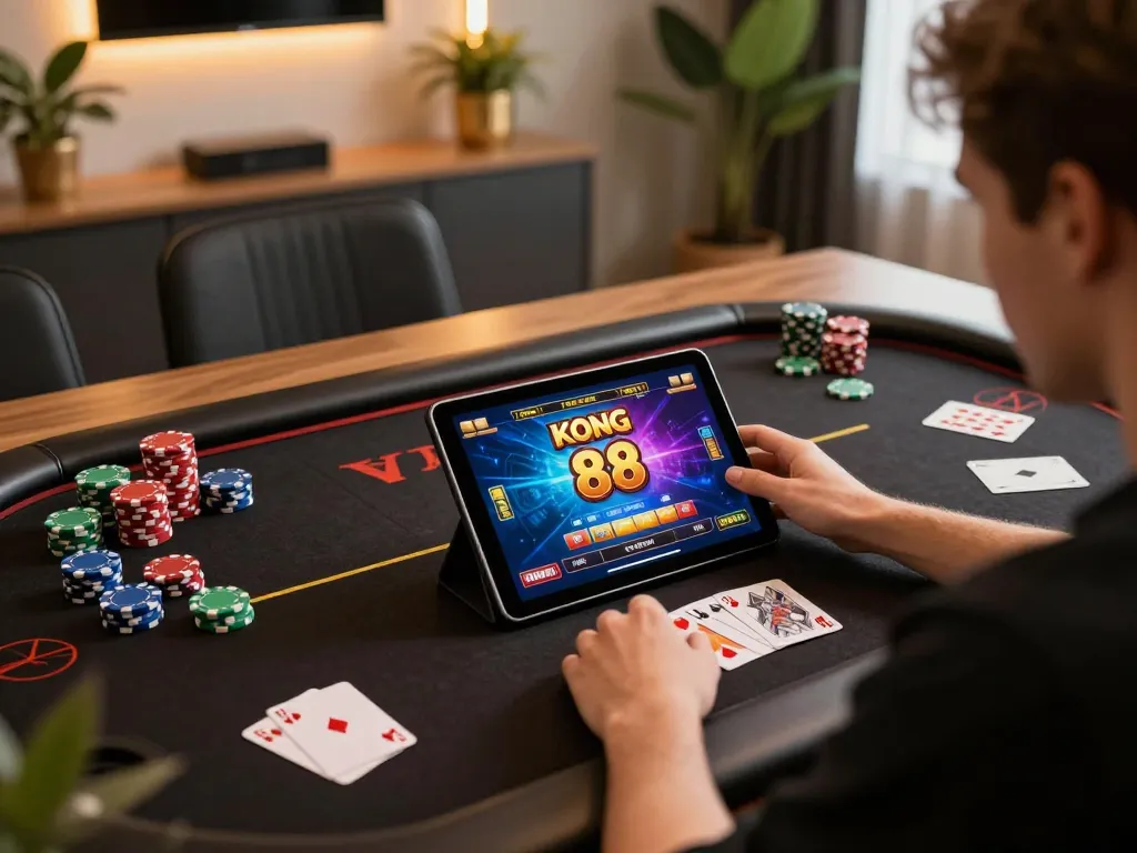 KONG 88 user enjoying an online casino game on a tablet, showcasing engaging gameplay.