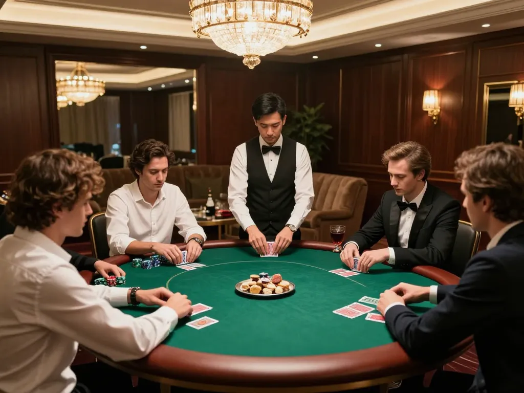 Players engaged in strategic poker gameplay at a luxury table, elevating alo8 experience in high-stakes setting.