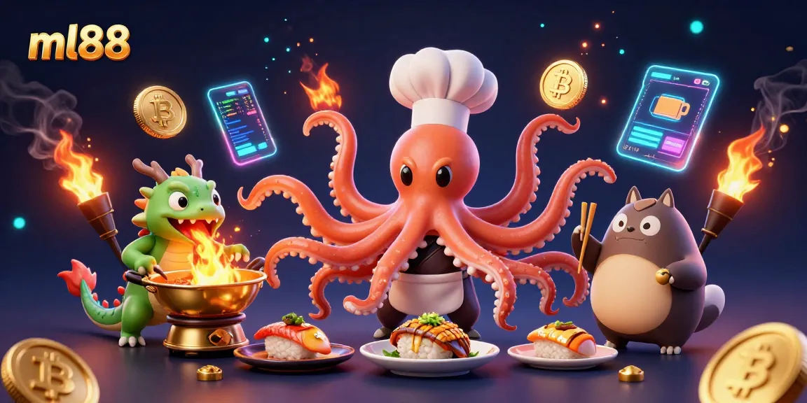 Win big at ml88 with a colorful scene of casino characters preparing dishes and showcasing crypto elements.
