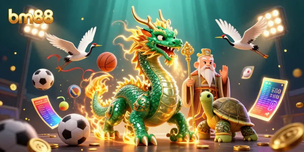 Engage with bm88's thrilling casino experience featuring a colorful dragon and lucky symbols.