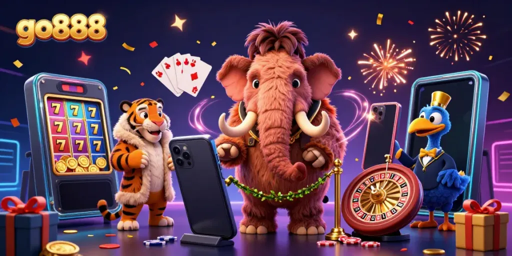 Engage with go888's vibrant casino scene featuring a woolly mammoth bouncer and a saber-tooth tiger VIP guest.