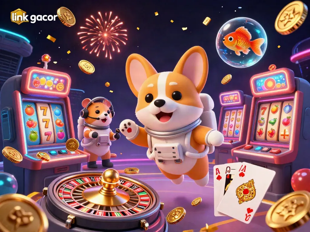 Experience the thrill of link gacor as a cartoon corgi astronaut navigates a colorful casino with slot machines, spinning roulette, and floating treasures.