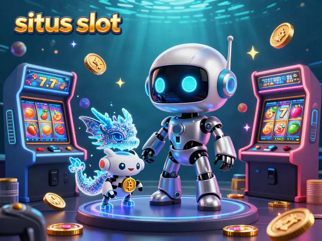A vibrant casino illustration highlighting situs slot with a cyberpunk robot mascot, an AI dragon, and bitcoin symbols amidst colorful gaming elements.