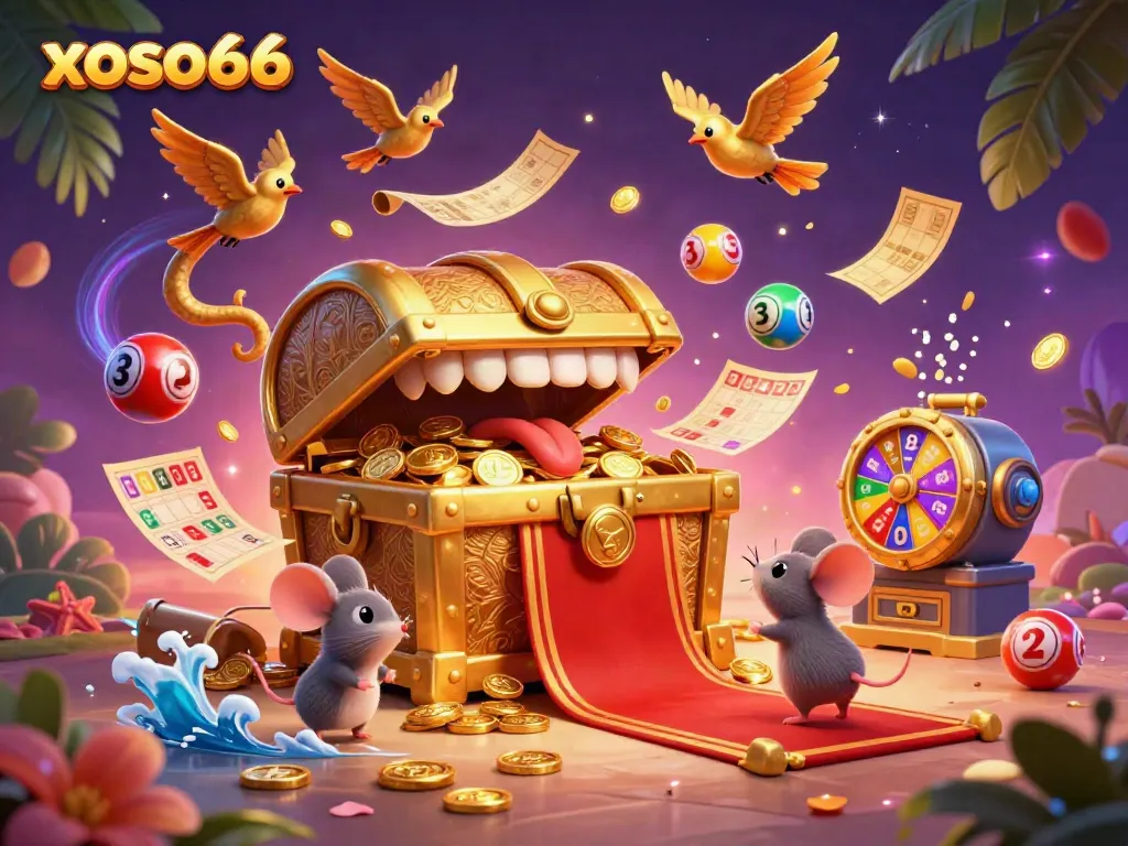 Engage in thrilling lottery action with xoso66's vibrant 3D illustration showcasing dynamic gameplay elements.