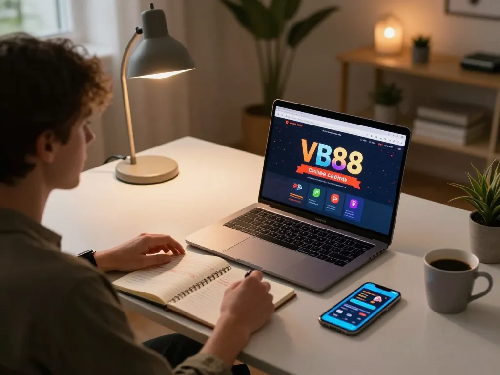 Engaged player strategizing at home using VB88 online casino platform on laptop with betting notes