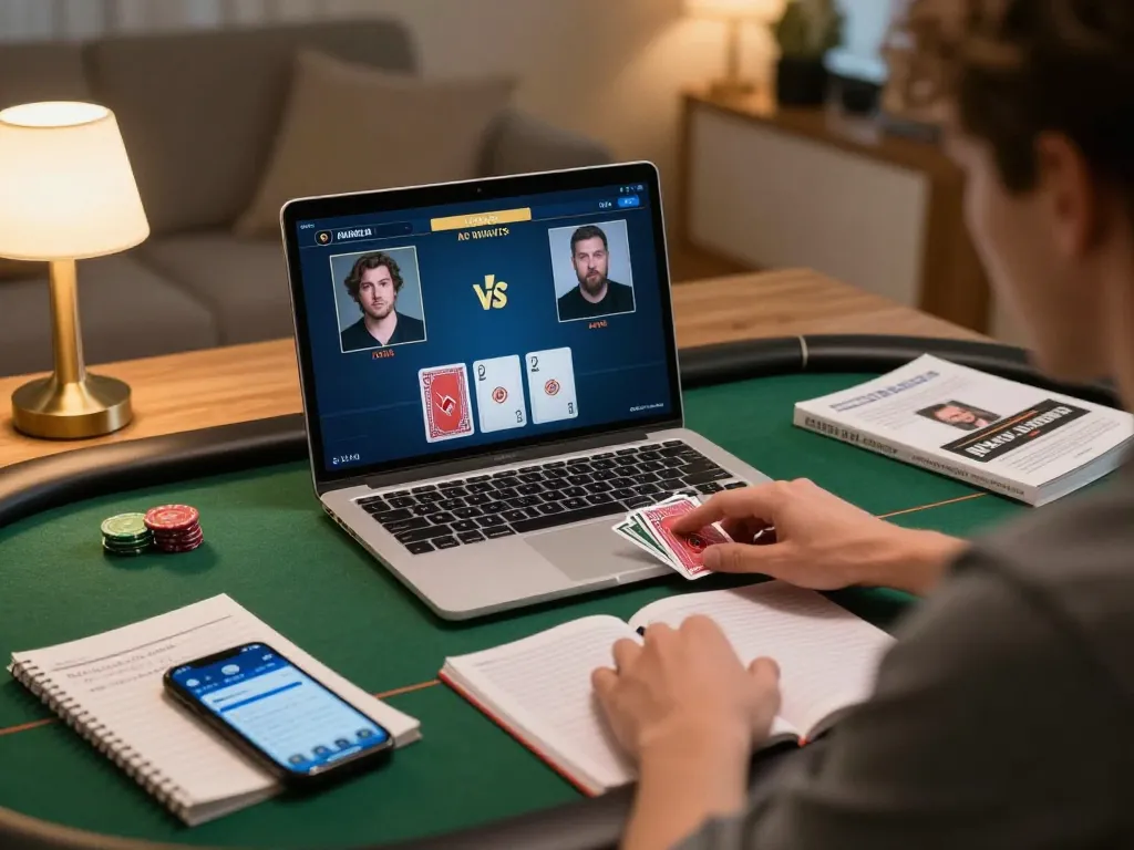 Engaging player strategizing on debet online poker game, warm home setting, focusing on gameplay and bankroll.