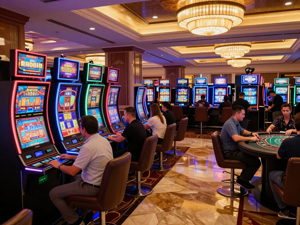 Players enjoying vibrant slot machines action at kk44 casino, showcasing excitement and engagement