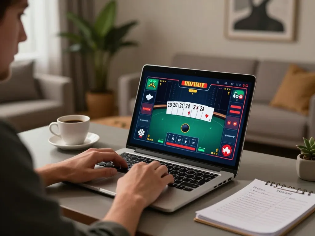 Player enjoying vt888 online poker game with strategy notes on stylish desk
