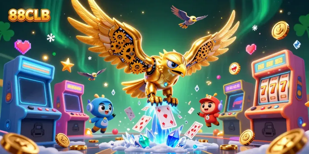 Experience the thrill of 88CLB with a dynamic 3D illustration of a cybernetic eagle amidst casino elements.