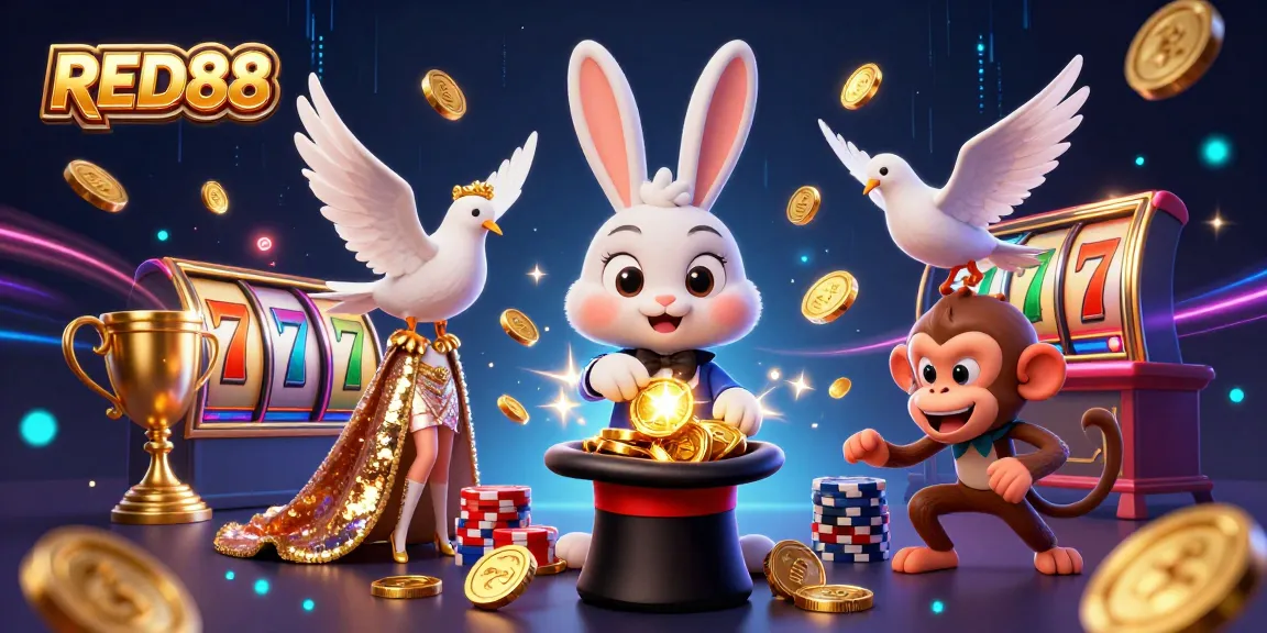 Engage with RED88's thrilling casino magic featuring a mischievous monkey, a dazzling dove, and a playful rabbit.
