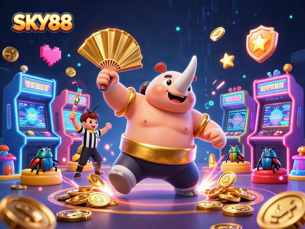 Experience thrilling winnings at SKY88 with the 3D cartoon beetle champion amidst vibrant casino games.