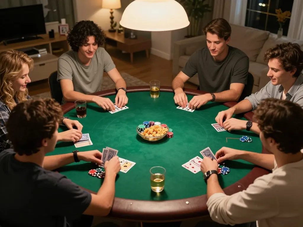 Friends playing poker during a cozy home night, embodying friendly competition while engaged in 9 bet strategies.