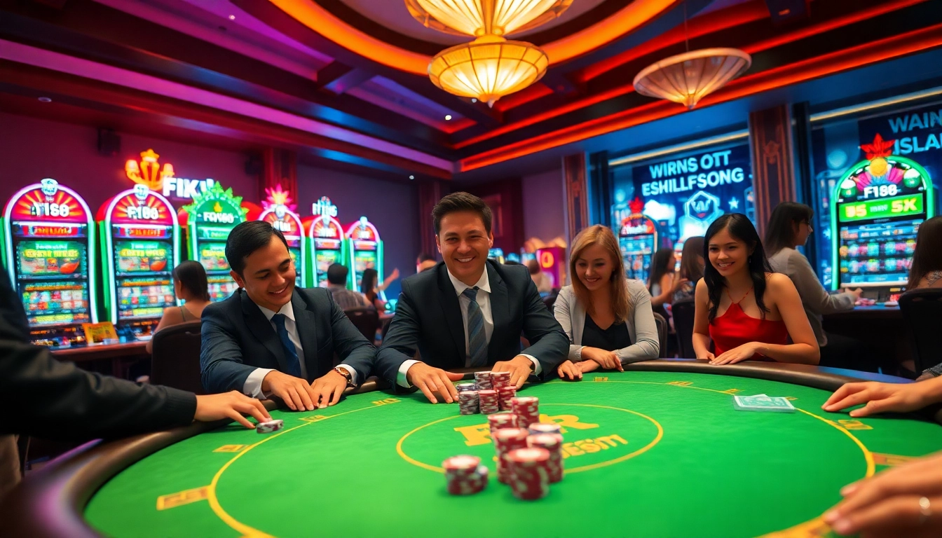 Experience the excitement of gambling at F168 with vibrant casino tables and enthusiastic players.