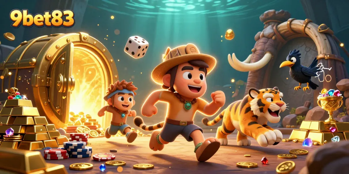 Experience thrilling adventures at 9bet83's casino with vibrant decorations and playful characters.