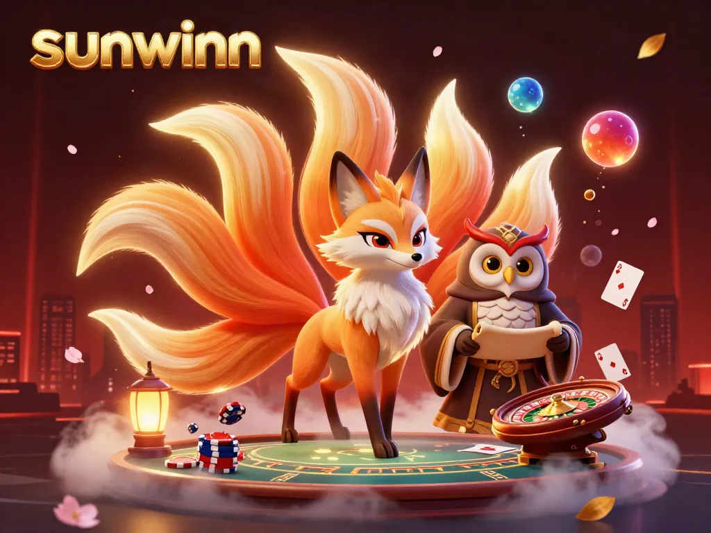 Experience thrilling poker action at sunwinn with a colorful 3D casino spirit illustration.