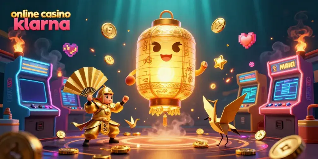 Engaging scene of online casino Klarna with golden lantern spirit, colorful arcade games, and vibrant casino elements.