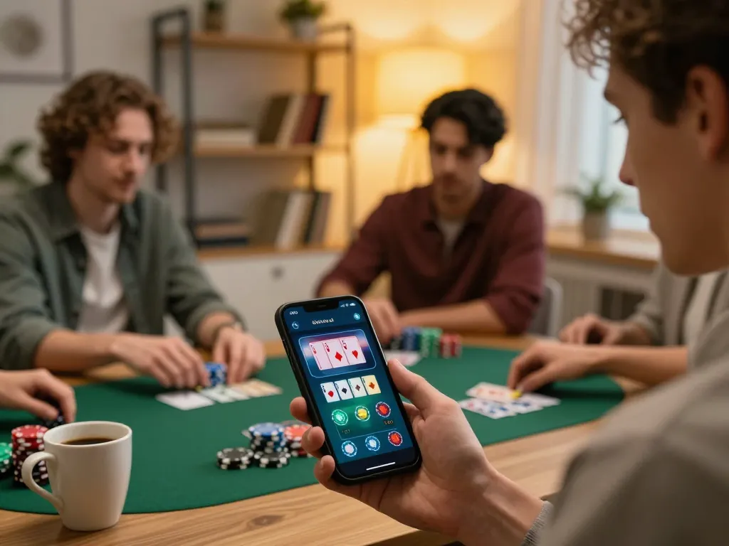 va88 players enjoying online blackjack in a cozy home setting with smartphone display