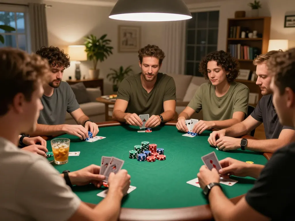 Engaged players at home poker night featuring hd88-themed strategies and chips.