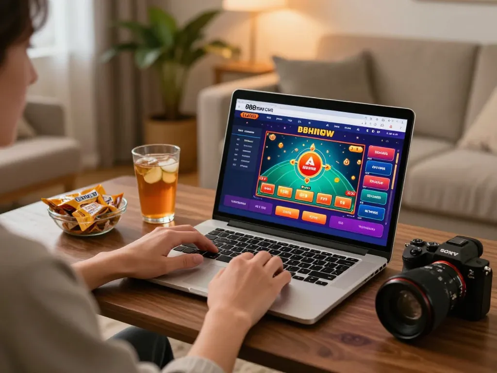 Engaging with the 888now com online casino set up at home while enjoying gaming and snacks