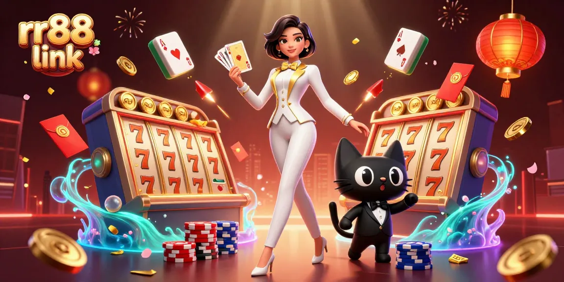 Experience the excitement at rr88 link with a glamorous dealer shuffling cards amidst vibrant casino elements.