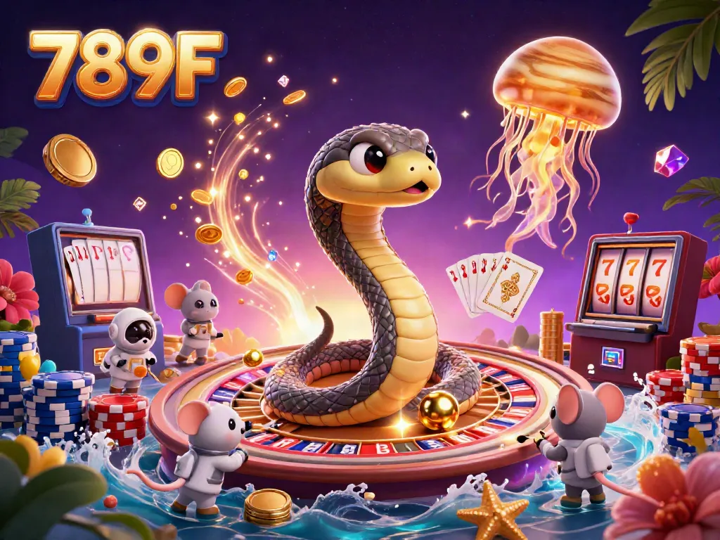 Betting on 789F with tiny astronaut mice at a cosmic casino scene featuring a Saturn ring snake roulette wheel.