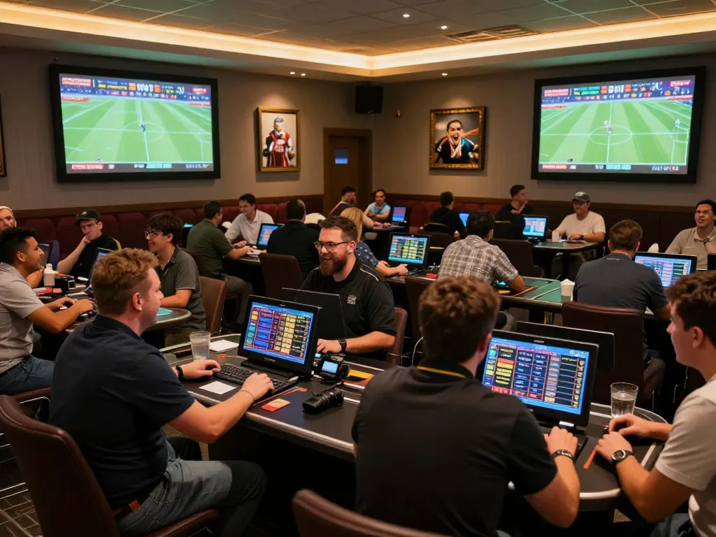 Engaged bettors at a vibrant sports betting venue analyzing odds on uk88 com.