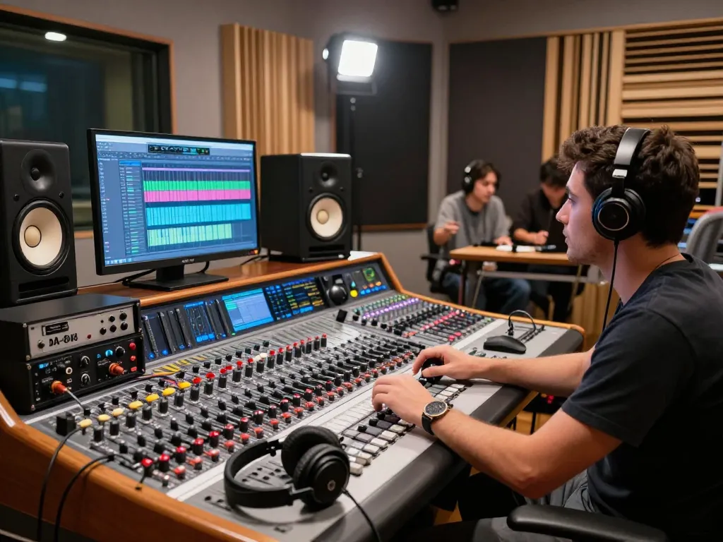 Recording session featuring da88 digital recorders and sound engineer adjusting audio levels in a vibrant studio.