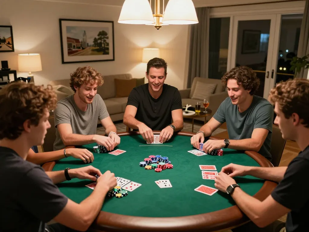Players enjoying poker night at home, showcasing hitclub gaming excitement and social interactions.