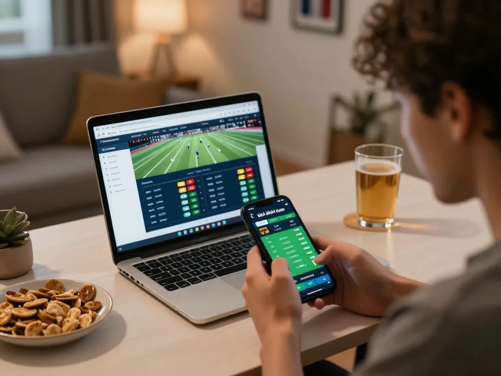Engaging scene of a user analyzing kèo nhà cái for live sports betting on a smartphone, showcasing a dynamic betting atmosphere.