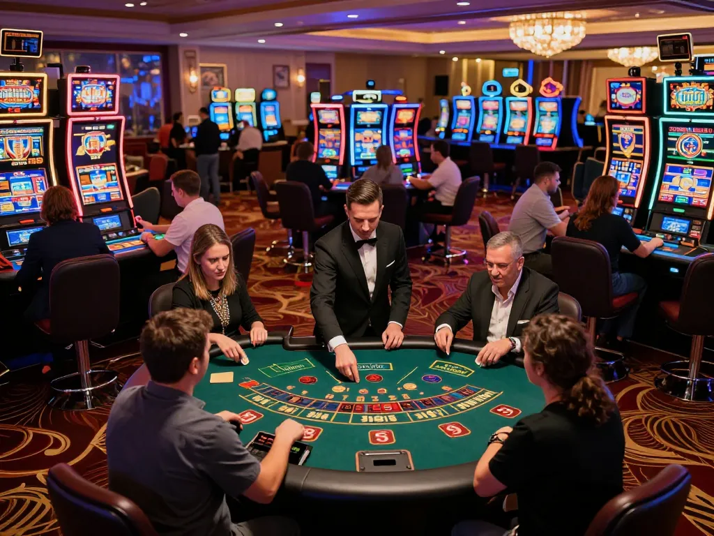Hitclub players betting at a blackjack table in a vibrant casino, showcasing excitement and engagement.
