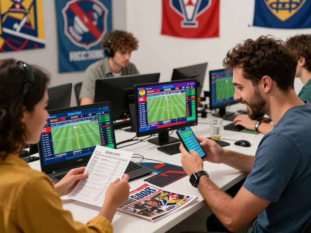 Excited participants engaging in online betting on Topbet with live sports highlights.