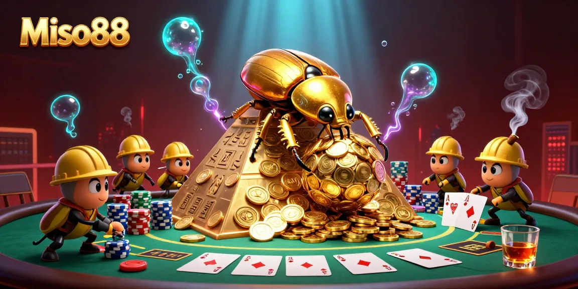 Miso88 elevates your gaming experience with a cartoon beetle team in a rich casino scene, showcasing vibrant gameplay.