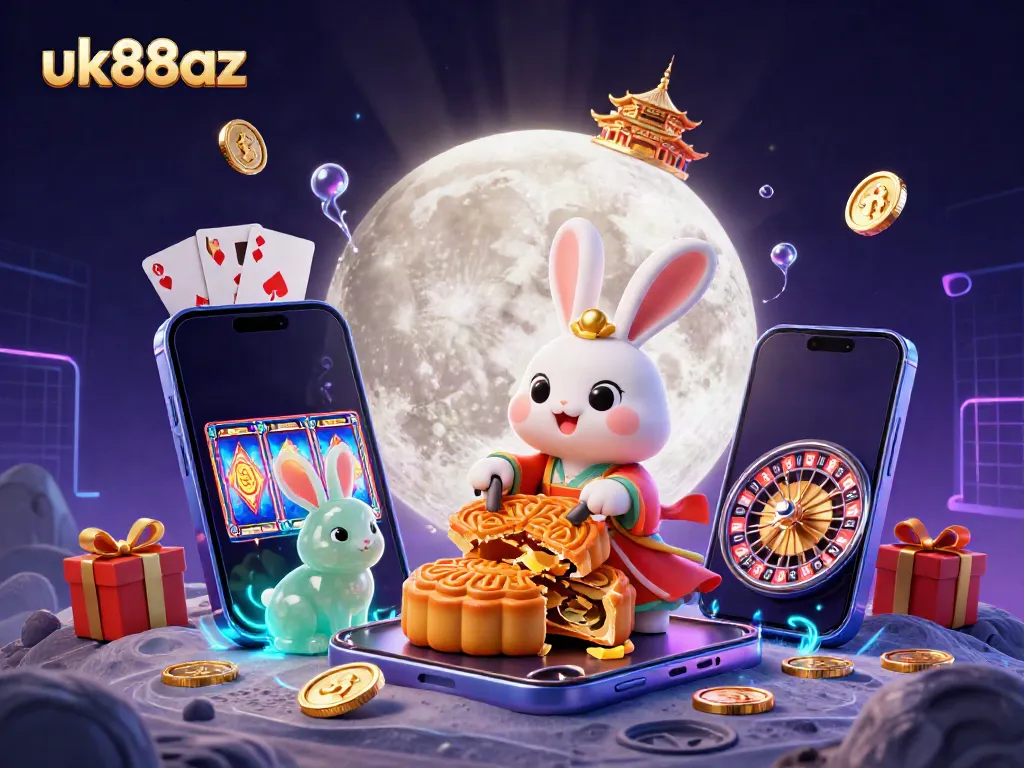 Experience excitement at uk88az with a moon rabbit crafting golden mooncakes revealing poker chips.