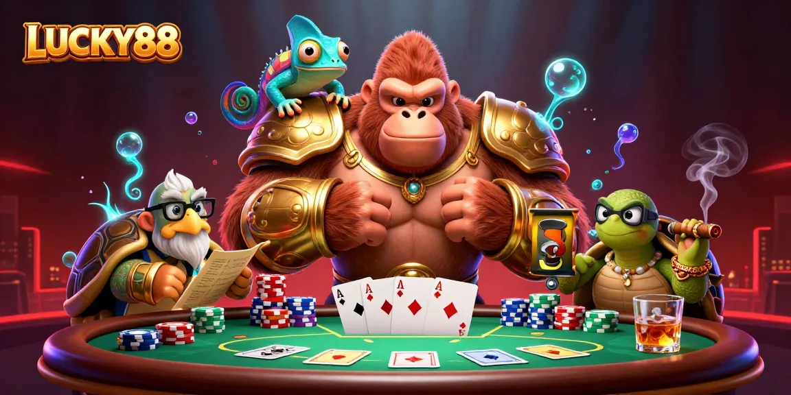 Engage in thrilling poker battles with LUCKY88 featuring dynamic characters and vibrant casino elements.