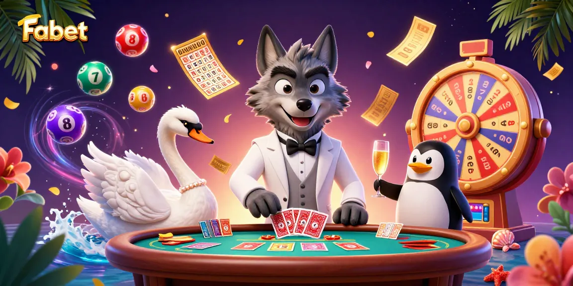 Experience Fabet's lively casino ambiance featuring cartoon characters in a vibrant gaming illustration.