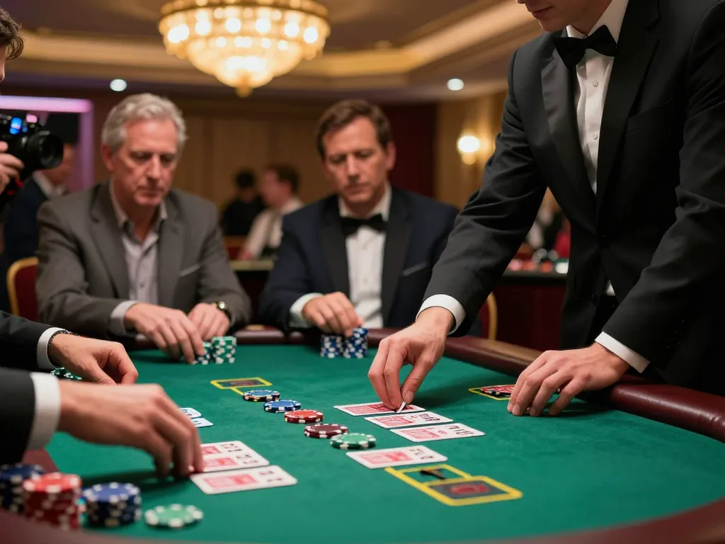 Players strategizing and winning at Red88 blackjack table in upscale casino.