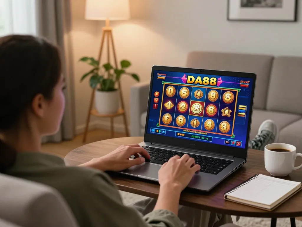 Person enjoying a thrilling DA88 online casino experience with vibrant slot game interface on laptop.