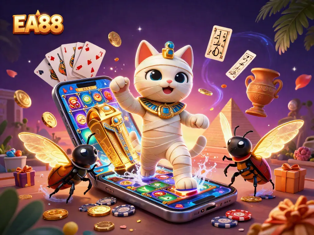 Engage in EA88's thrilling casino experience with a mummy cat, a scarab, and vibrant gaming elements.